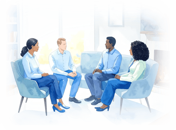Firefly_A racially diverse group of 4 people conversing with 2 wearing business casual clothi 435599